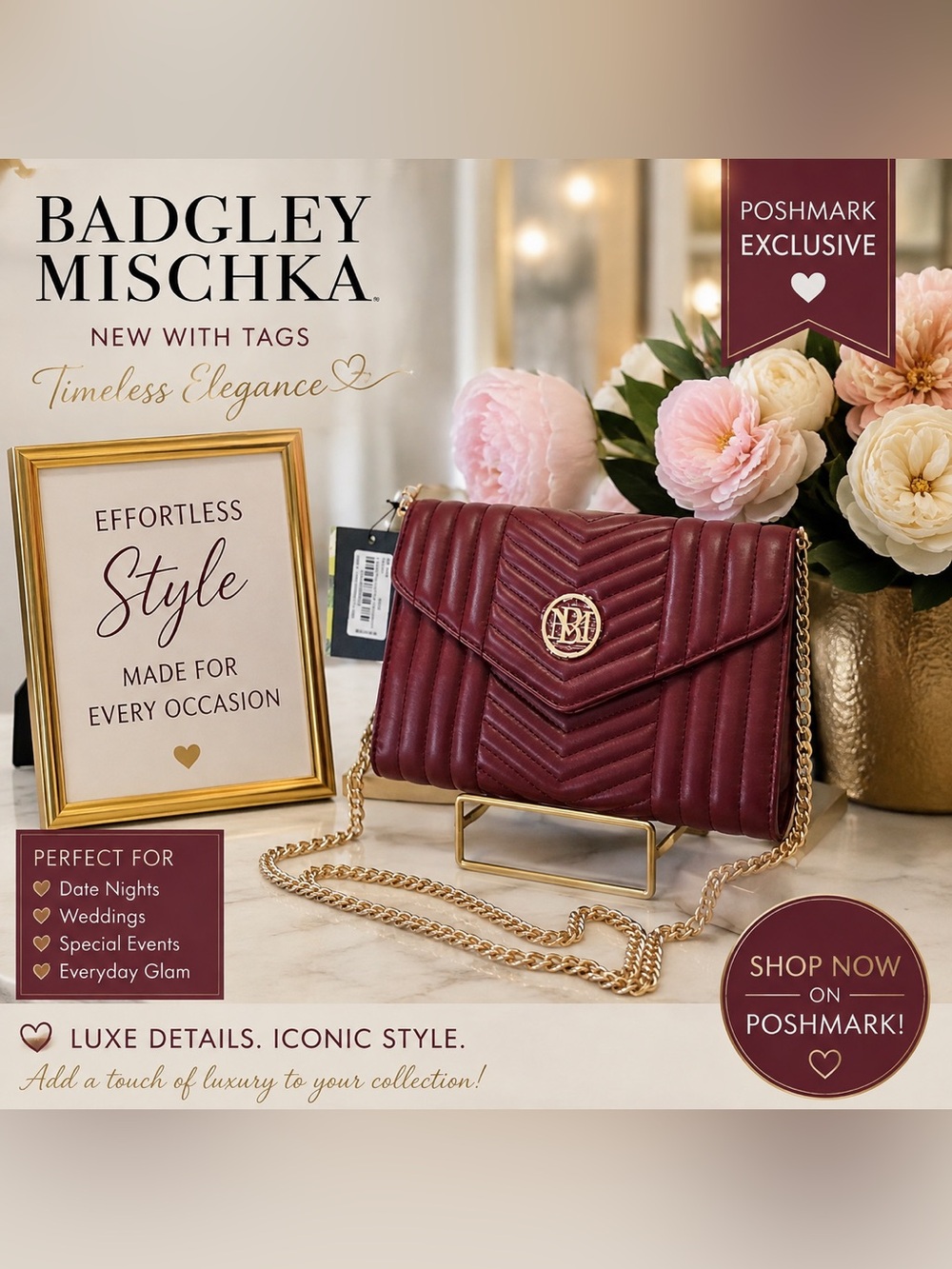 Badgley Mischka Quilted Wine Red Crossbody with Gold Chain